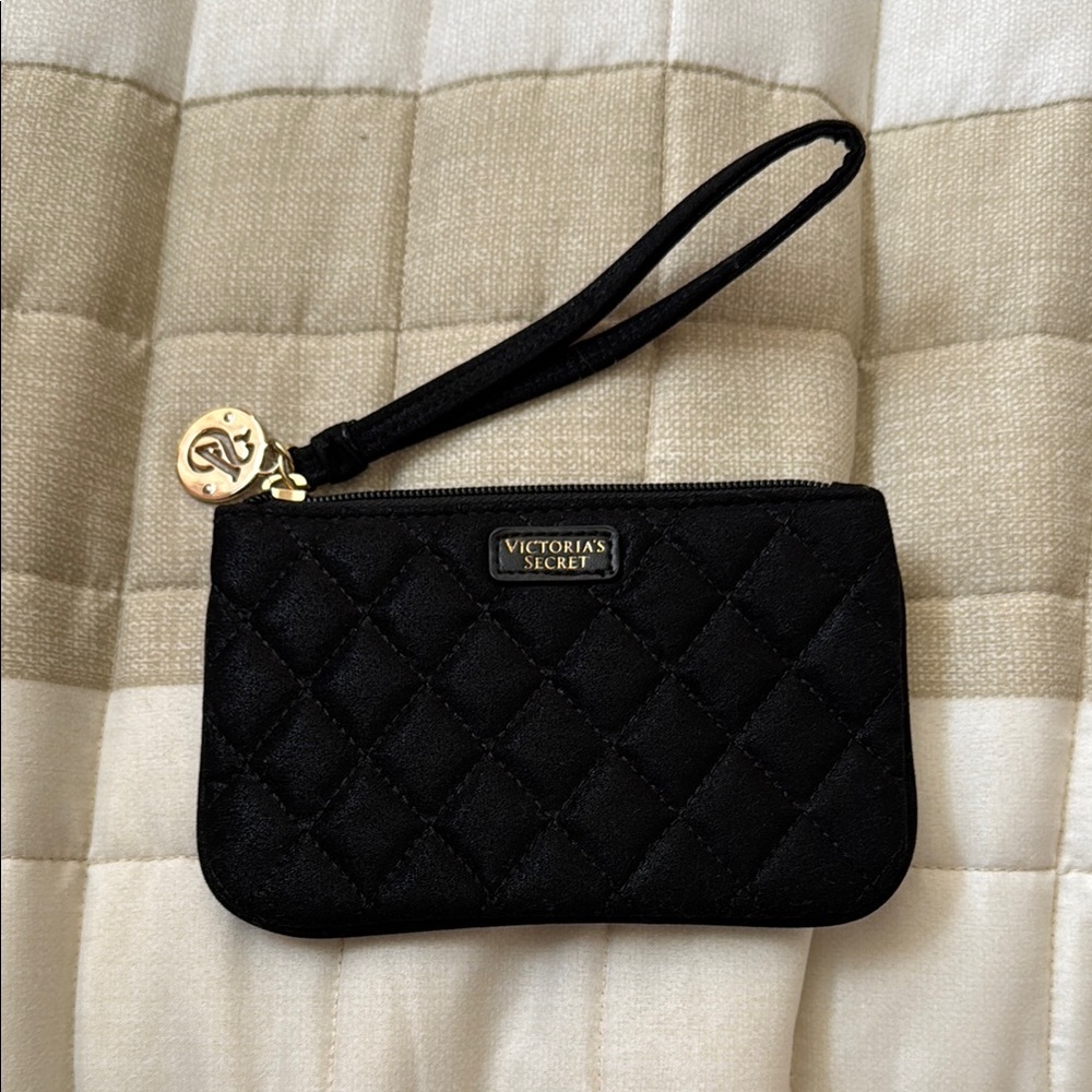 Victoria's Secret Sparkly Black Quilted Clutch with Wrist Strap Coin Purse